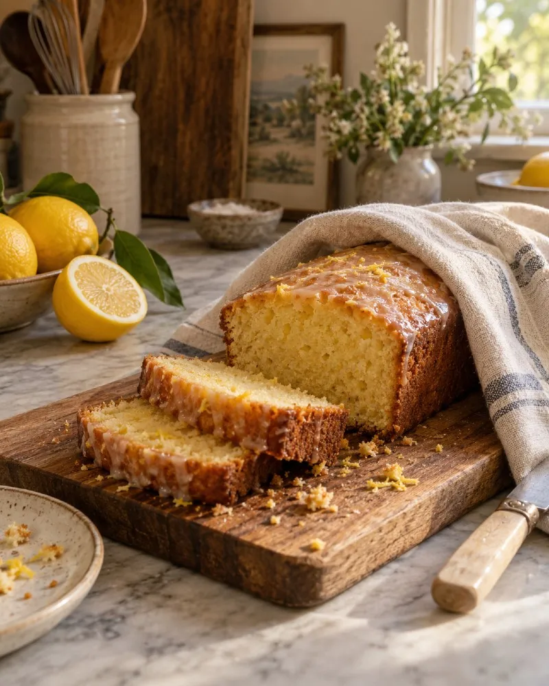 A glazed lemon loaf with thick slices on a wooden board beside fresh lemons.