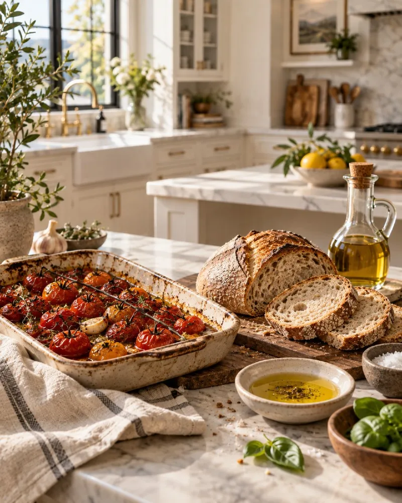 Roasted tomatoes, sliced sourdough, and olive oil on a sunlit kitchen counter.