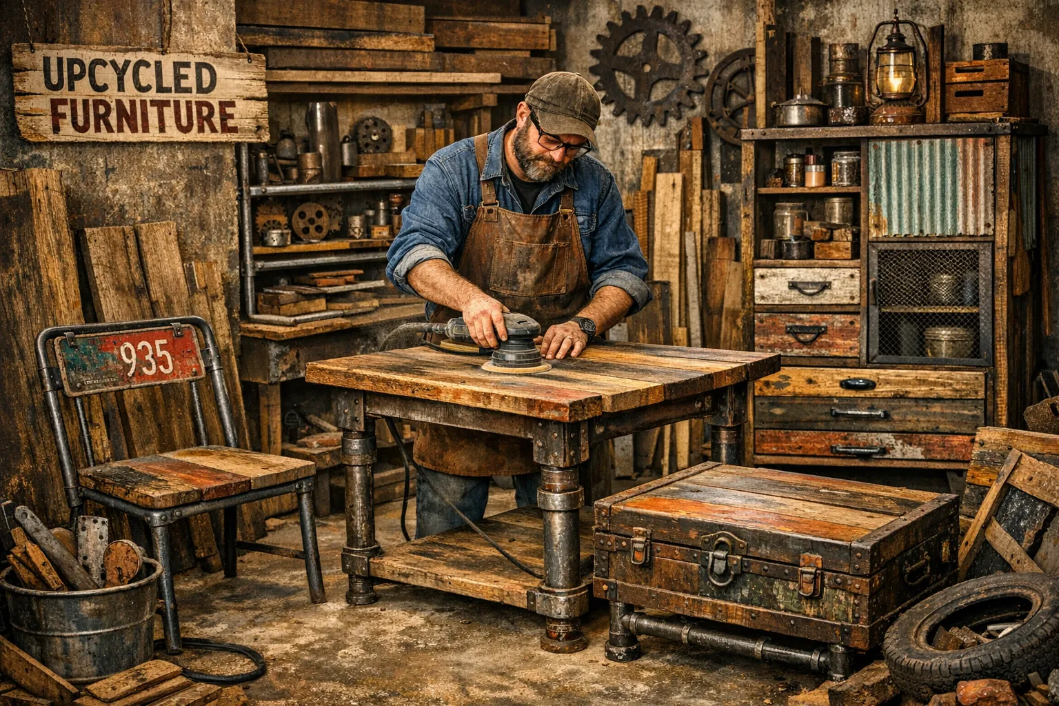 A furniture maker sands a reclaimed wood table in a workshop.