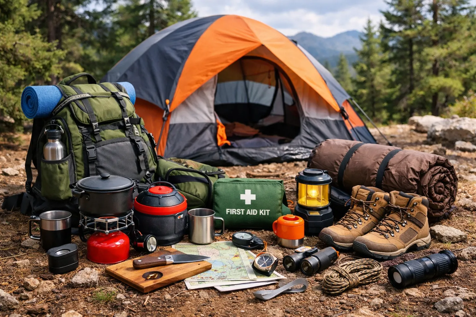 Camping equipment arranged beside an orange tent in the woods.
