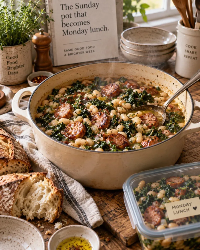 A pot of white beans, leafy greens, and sausage slices beside bread and a lunch container.